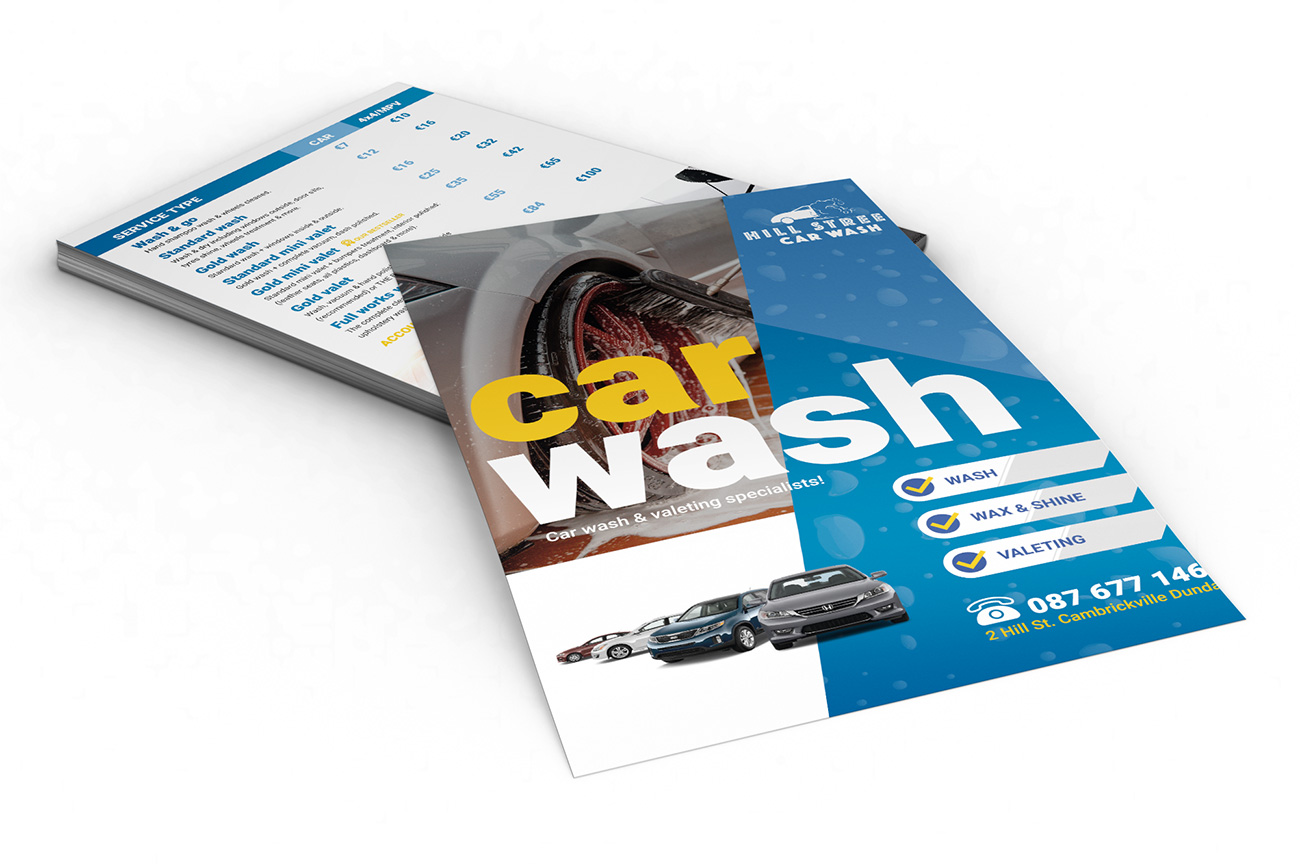 Elegant flyers, leaflets and price list design for the car wash and valeting companies in Ireland. Find your local graphic designer in Ireland.