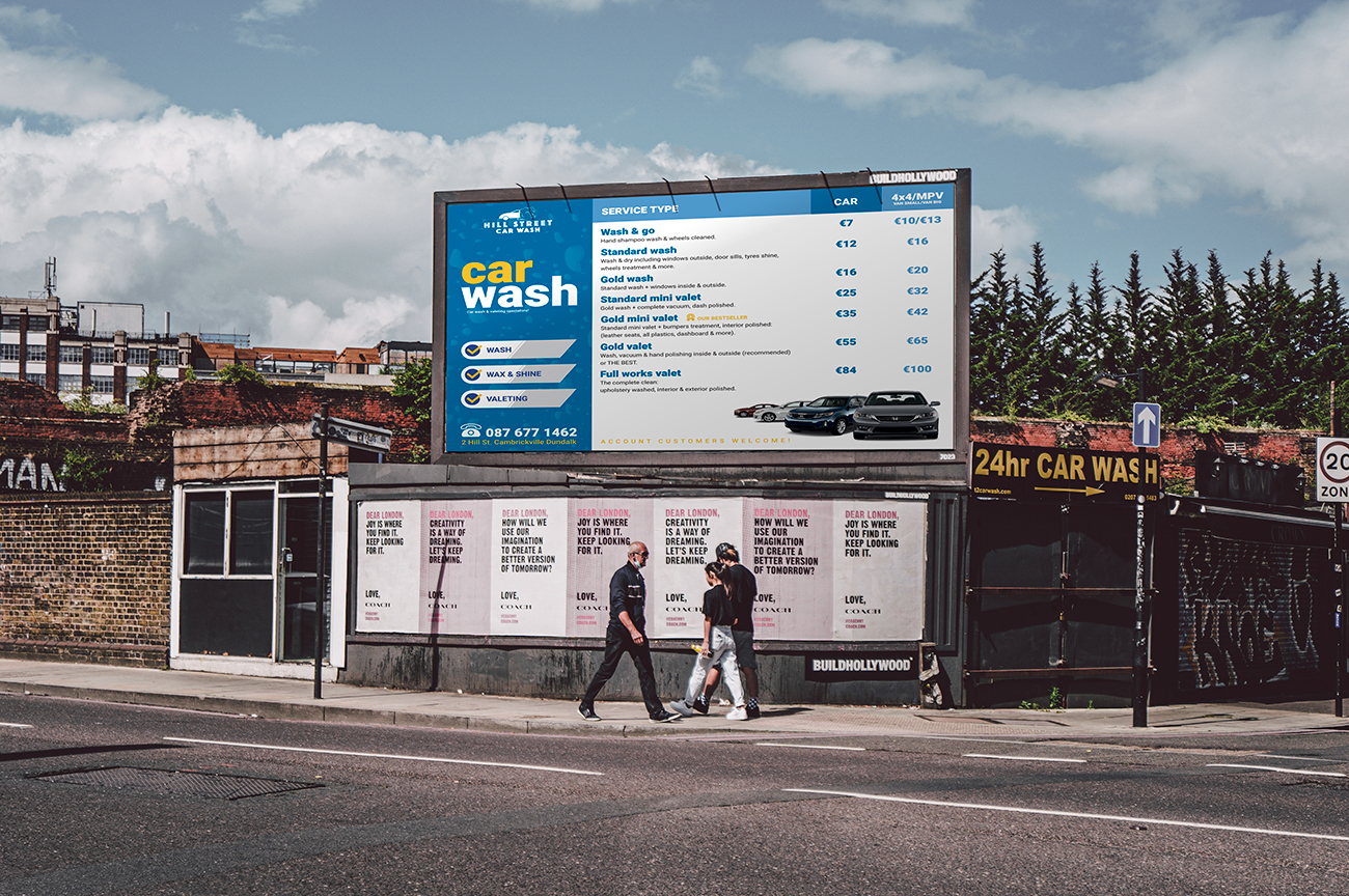 Large format poster, display and price list design for the car wash company in Dundalk, Ireland.