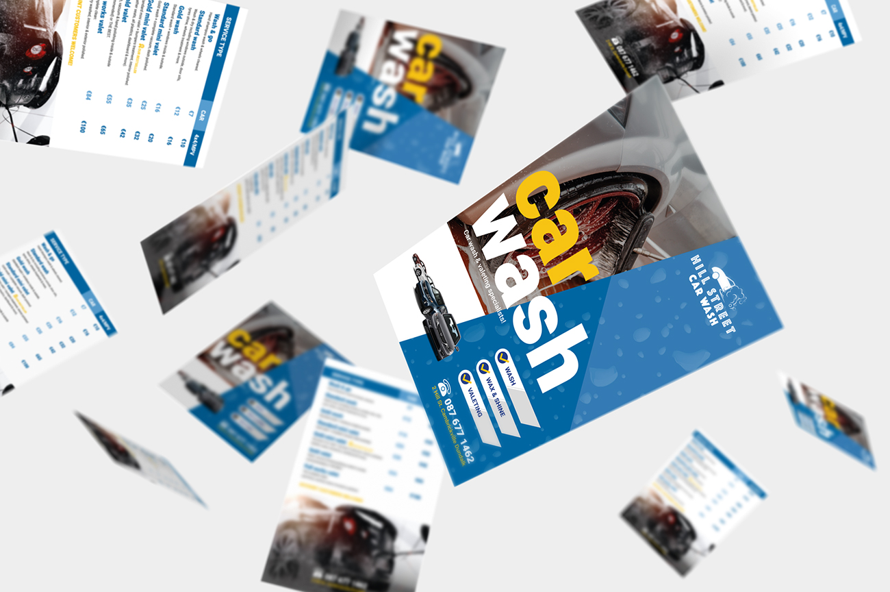 Promotional flyer and leaflet design for the car wash service company Street Hill Dundalk, Louth, North East Ireland.