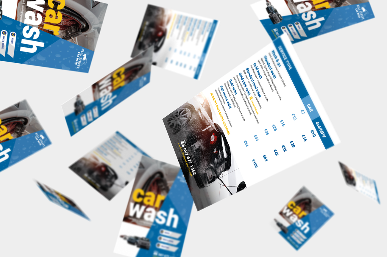 Professional, beautiful and effective marketing solutions design for the Dundalk car wash and valeting service company. Flyers, leaflets, price list design and printing.