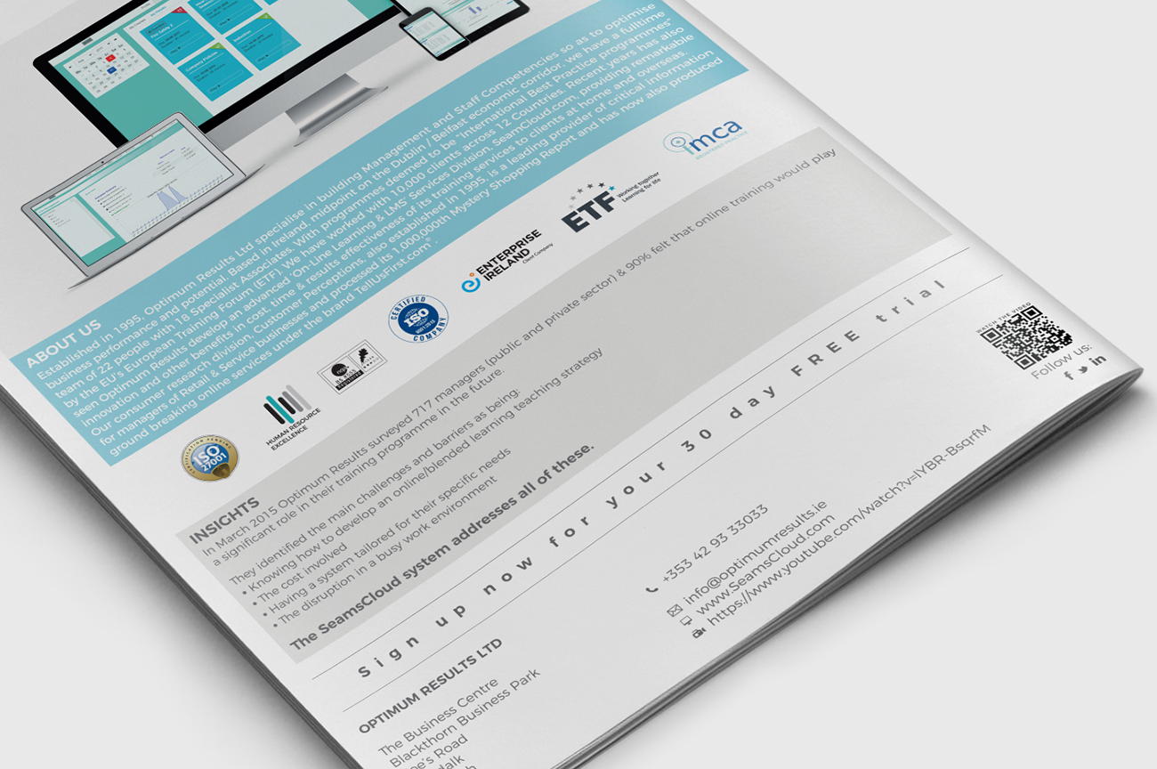 Last page details. Brochure for the business training company Optimum Results, Dundalk, Co Louth, Ireland