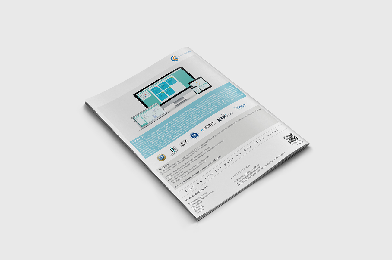 Last page brochure design for the business training company Optimum Results, Dundalk, Co Louth, Ireland