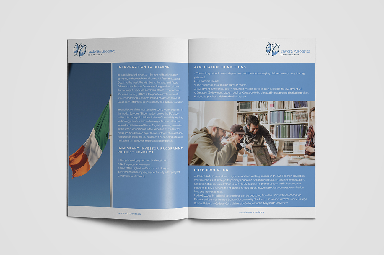 Professional brochure design for the International Recruitment, Immigration and Consultancy company Lawlor Associates Consulting Ltd, Dundalk, Ireland