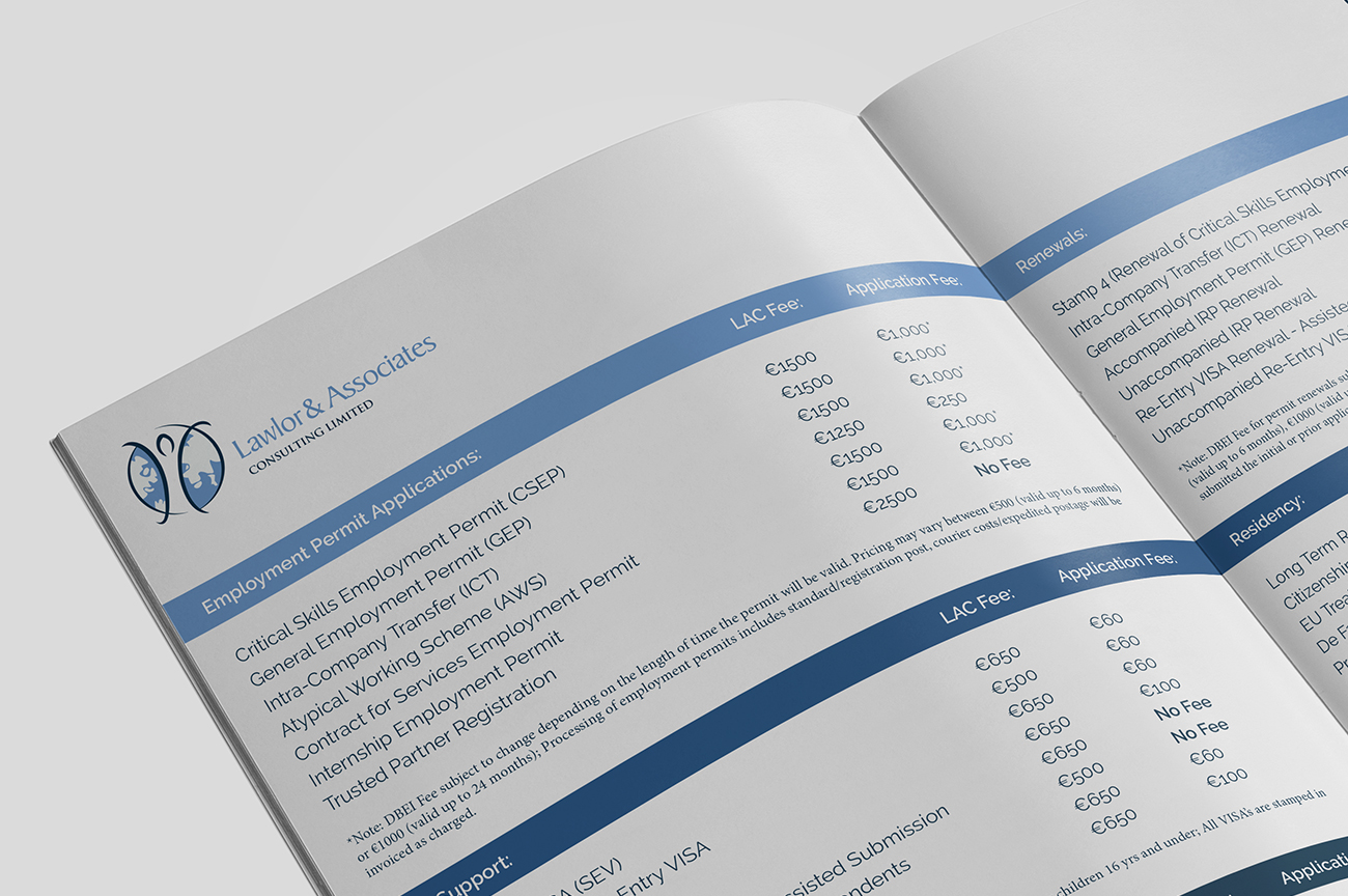 Inner pages brochure design for the International Recruitment, Immigration and Consultancy company Lawlor Associates Consulting Ltd